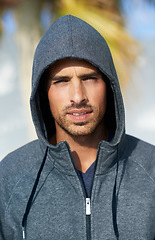 Image showing Fitness, serious and portrait of man athlete ready to run for race, marathon or competition training. Sports, confident and male runner from Canada in nature for outdoor cardio workout or exercise.