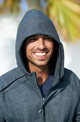 Image showing Fitness, smile and portrait of man athlete ready to run for race, marathon or competition training. Sports, happy and male runner from Canada in nature for outdoor cardio workout or exercise.