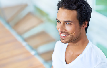 Image showing Man, thinking and smile outdoor as future decision or idea wondering, vision or morning confidence. Male person, looking and thoughts happy or wellness as planning pondering, positive pride or choice