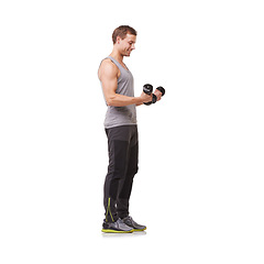 Image showing Fitness, profile or strong man with dumbbells training, exercise or workout for body or wellness. White background, studio space or healthy athlete bodybuilder weightlifting for biceps muscle power