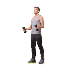 Image showing Fitness, mockup or strong man with dumbbells training, exercise or workout for body or wellness. White background, studio space or healthy athlete bodybuilder weightlifting for biceps muscle power