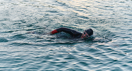 Image showing A professional triathlete trains with unwavering dedication for an upcoming competition at a lake, emanating a sense of athleticism and profound commitment to excellence.