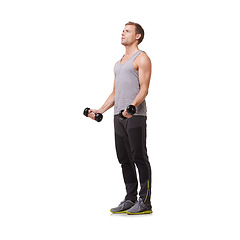 Image showing Fitness, bodybuilder or man with dumbbells training, exercise or workout for body or wellness. White background, studio mockup space or healthy athlete weightlifting for strong biceps muscle power