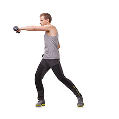 Image showing Punching, white background or man with dumbbells training, exercise or workout for body or fitness. Mockup space, studio or healthy athlete bodybuilder boxing for strong biceps muscle or arm power