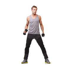 Image showing Fitness, white background or bodybuilder with dumbbells training, exercise or workout for wellness. Mockup space, strong man or healthy athlete weightlifting for biceps muscle or power in studio