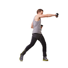 Image showing Boxing, white background or man with dumbbells training, exercise or workout for body or fitness. Mockup space, studio or healthy athlete bodybuilder punching for strong biceps muscle or arm power