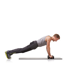 Image showing Push ups, white background or man in dumbbells training, exercise or workout for body or wellness. Mockup space, studio or healthy athlete bodybuilder weightlifting for strong biceps muscle or power