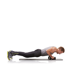 Image showing Push ups, space or athlete in dumbbells training, exercise or workout for fitness on white background. Studio mockup, man or healthy male bodybuilder weightlifting for strong biceps muscle or power