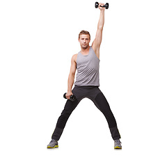 Image showing Cardio, white background or portrait of man with dumbbells in strength exercise or workout for wellness. Mockup space, studio or healthy athlete in weight training for strong biceps muscle or body