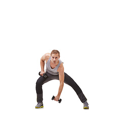 Image showing Cardio, studio or portrait of man with dumbbells in strength exercise or workout on white background. Mockup space, fitness model or healthy male athlete in weight training for strong biceps muscle