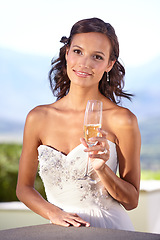 Image showing Woman, portrait and wedding dress or champagne drink for celebration event, love ceremony or bride partnership. Female person, alcohol glass and smile for romance party, commitment in elegant gown