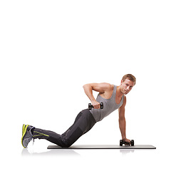 Image showing Push up, knee or portrait of athlete in dumbbells training, exercise or workout for fitness. Studio mockup space, man or healthy bodybuilder with weights for strong biceps muscle on white background
