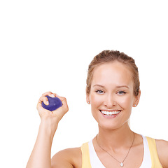 Image showing Stress ball, fitness and portrait of woman in studio for wellness and arm exercise with smile. Happy, mindful and young female person from Canada with anxiety relief isolated by white background.