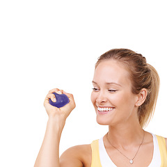 Image showing Stress ball, health and woman in studio for smile, fitness and arm exercise with wellness. Happy, sport equipment and young female person from Canada with anxiety relief isolated by white background.