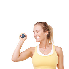 Image showing Happy woman, stress ball and squeeze in anger management or anxiety against a white studio background. Young female person or palm smile with round object for relief or tension on mockup space