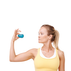 Image showing Serious woman, squeezing and stress ball in fitness for exercise against a white studio background. Female person in relief, tension or anger management in gym workout or training on mockup space