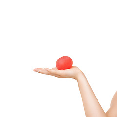 Image showing Woman, hand and stress ball for anxiety, fitness or exercise against a white studio background. Closeup of female person or palm with round object for anger management, relief or tension on mockup