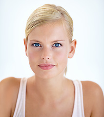 Image showing Portrait, skincare and beauty of blonde woman in studio isolated on a white background. Face, cosmetics and natural model in spa facial treatment, dermatology or healthy skin glow, shine and wellness