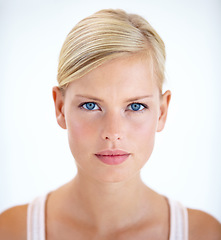 Image showing Portrait, skincare and beauty of natural woman in studio isolated on a white background. Face, cosmetics and blonde model in spa facial treatment, dermatology or healthy skin glow, shine and serious