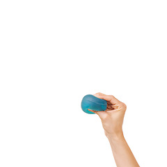 Image showing Woman, hand and stress ball for anxiety, workout exercise or fitness on a white studio background. Closeup of female person or palm with round object for anger management, relief or tension on mockup