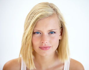 Image showing Portrait, skincare and hair of natural woman in studio isolated on a white background. Face, cosmetics and blonde model in spa facial treatment, dermatology or healthy beauty glow, shine and wellness