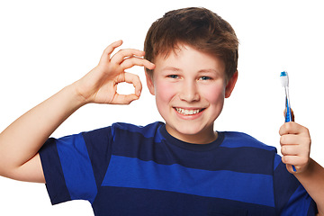 Image showing Portrait, toothbrush or child with perfect hand in studio for dental, care or feedback on white background. Teeth, cleaning or boy kid face with OK emoji for bacteria, cavity or bad breath prevention