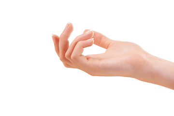 Image showing Woman, hand and skincare for manicure, cosmetics or beauty treatment against a white studio background. Closeup of female person palm for soft skin, glow or dermatology in wellness on mockup space