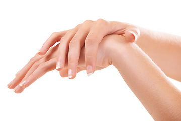 Image showing Skincare touch, manicure and hands closeup in studio isolated on a white background mockup space. Fingers, nails and palm of model in spa treatment, natural cosmetics or dermatology, beauty or health