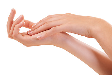 Image showing Woman, hands and manicure for french nails, polish and cosmetic care, skincare and beauty. White background, wellness and treatment for hygiene, closeup and fingers for arm, studio backdrop and clean