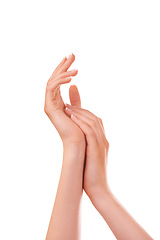 Image showing Skin touch, manicure and hands closeup in studio isolated on a white background mockup. Fingers, nails and palm of woman in spa treatment, natural cosmetics or dermatology, beauty health and wellness