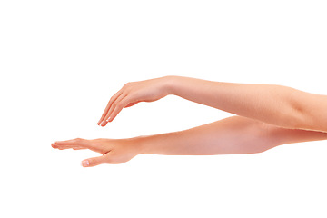 Image showing Skincare, manicure and hands closeup in studio isolated on a white background mockup space. Fingers, nails and palm of model in spa treatment, natural cosmetics or dermatology, beauty or healthy skin
