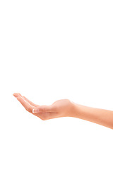 Image showing Woman, hand and skincare in advertising for cosmetics or beauty product against a white studio background. Closeup of female person palm for soft skin, glow or dermatology in wellness on mockup space