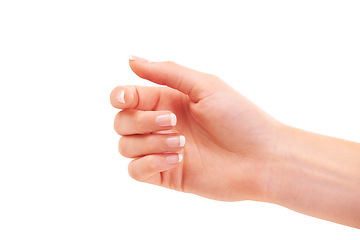 Image showing Woman, hand and french manicure for nails, polish and cosmetic care, skincare and beauty. White background, wellness and treatment for hygiene, closeup and fist for arm, studio backdrop and clean
