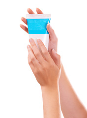 Image showing Woman, hands and skincare product for cosmetics, cream or beauty against a white studio background. Closeup of female person, container or lotion SPF or creme for soft skin or moisturizer on mockup