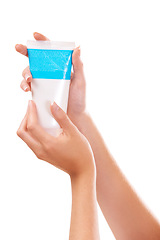 Image showing Woman, hands and lotion for skincare, cosmetics or beauty products in salon or spa treatment. Closeup of female person with jar or container of cream, SPF or anti aging for soft skin or moisturizer