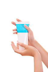Image showing Woman, hands and skincare product for beauty, cosmetics or sunscreen against a white studio background. Closeup of female person with container of cream, SPF or anti aging in soft skin or moisturizer