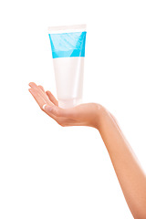 Image showing Woman, hands and skincare for beauty product, cosmetics or sunscreen against a white studio background. Closeup of female person with container of cream, SPF or anti aging in soft skin or moisturizer