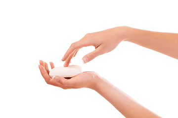 Image showing Health, soap and closeup of washing hands in studio for hygiene, wellness or self care. Grooming, cosmetic and zoom of person cleaning skin to prevent germs, bacteria or dirt by white background.