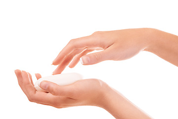 Image showing Hygiene, soap and closeup of washing hands in studio for health, wellness or selfcare. Grooming, cosmetic and zoom of person or model clean skin to prevent germs, bacteria or dirt by white background