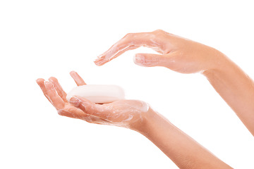 Image showing Self care, soap and closeup of washing hands in studio for grooming, wellness or health. Hygiene, cosmetic and zoom of person clean skin to prevent germ, bacteria or dirt isolated by white background