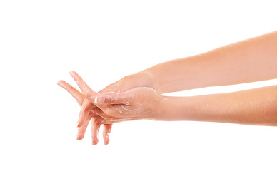 Image showing Health, soap and person washing hands in studio for hygiene, wellness or self care. Grooming, cosmetic and closeup of model clean skin to prevent germs, bacteria or dirt isolated by white background.