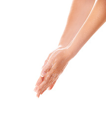 Image showing Skincare, soap and washing hands closeup for health in studio isolated on a white background mockup space. Fingers, nails and woman cleaning with foam, dermatology and bacteria prevention for hygiene