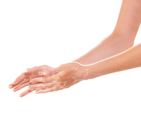 Image showing Skincare, soap and washing hands closeup in studio isolated on a white background mockup space. Fingers, nails and woman cleaning with foam, dermatology and bacteria prevention, hygiene or health