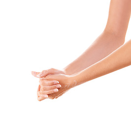 Image showing Skincare, cleaning and washing hands with soap closeup in studio isolated on a white background mockup space. Fingers, nails and woman with foam, dermatology or bacteria prevention, hygiene or health