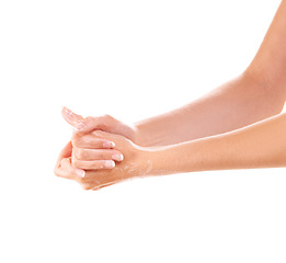 Image showing Skincare, cleaning and washing hands with foam closeup in studio isolated on a white background mockup space. Fingers, nails and woman with soap, dermatology or bacteria prevention, hygiene or health