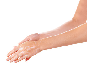 Image showing Hygiene, soap and closeup of washing hands in studio for health, wellness or self care. Grooming, cosmetic and zoom of person or model clean skin to prevent germ, bacteria or dirt by white background