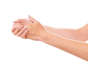 Image showing Health, soap and closeup of washing hands in studio for hygiene, wellness or self care. Hygiene, cosmetic and zoom of person or model clean skin to prevent germs, bacteria or dirt by white background