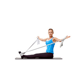 Image showing Sports, resistance band and portrait of woman doing workout in studio for health, wellness and bodycare. Fitness, yoga mat and person from Canada with arm exercise or training by white background.