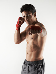 Image showing Man, kick boxer and portrait in gym, serious and face for workout, boxing and strong. Exercise, sports and training for power, self defense and concentration for challenge, mma and fighting skills