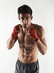 Image showing Man, kick boxer and portrait in gym, serious and face for workout, boxing and strong. Exercise, sports and training for power, self defense and concentration for challenge, mma and fighting skills